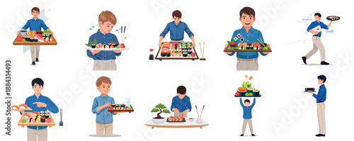 Diverse Illustrations of Men Serving and Preparing Sushi Platters, Featuring Various Japanese Rolls, Nigiri, and Sashimi for Restaurant or Delivery Concepts.