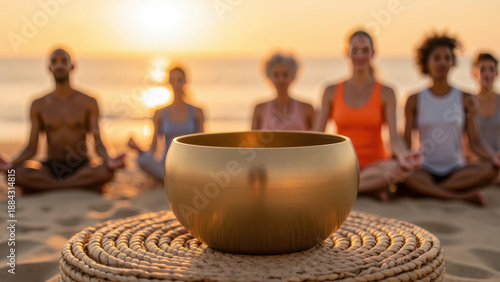 Meditation group beach sunset, featuring golden singing bowl focus. Participants practice mindfulness and relaxation serene environment