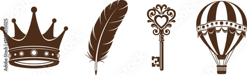 Collection of vintage decorative icons including royal crown, feather quill, ornate heart key and hot air balloon in elegant classic vector style