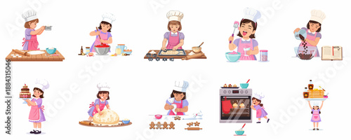 Cute little girl chef baking process illustration set, showing her preparing cakes, cookies, and pancakes with joy and focus.