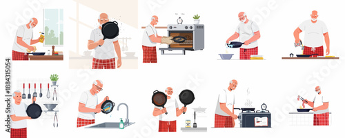 Senior Man Illustrates Step-by-Step Guide for Seasoning, Cleaning, and Cooking with a Cast Iron Skillet or Frying Pan.