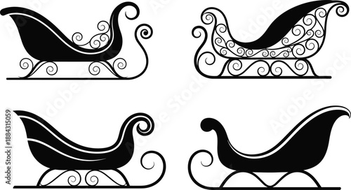Collection of vintage sleigh silhouettes with ornate swirl designs, Christmas and winter holiday transportation elements for festive artwork, cad drawing flat vector illustration
