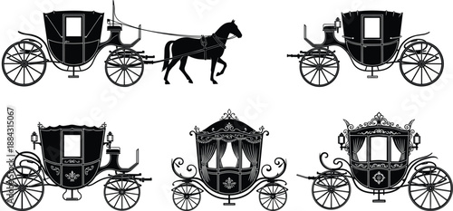 Collection of vintage horse-drawn carriages and ornate royal coaches, detailed silhouette illustration for historical design, antique transport, fairytale themes, and decoration