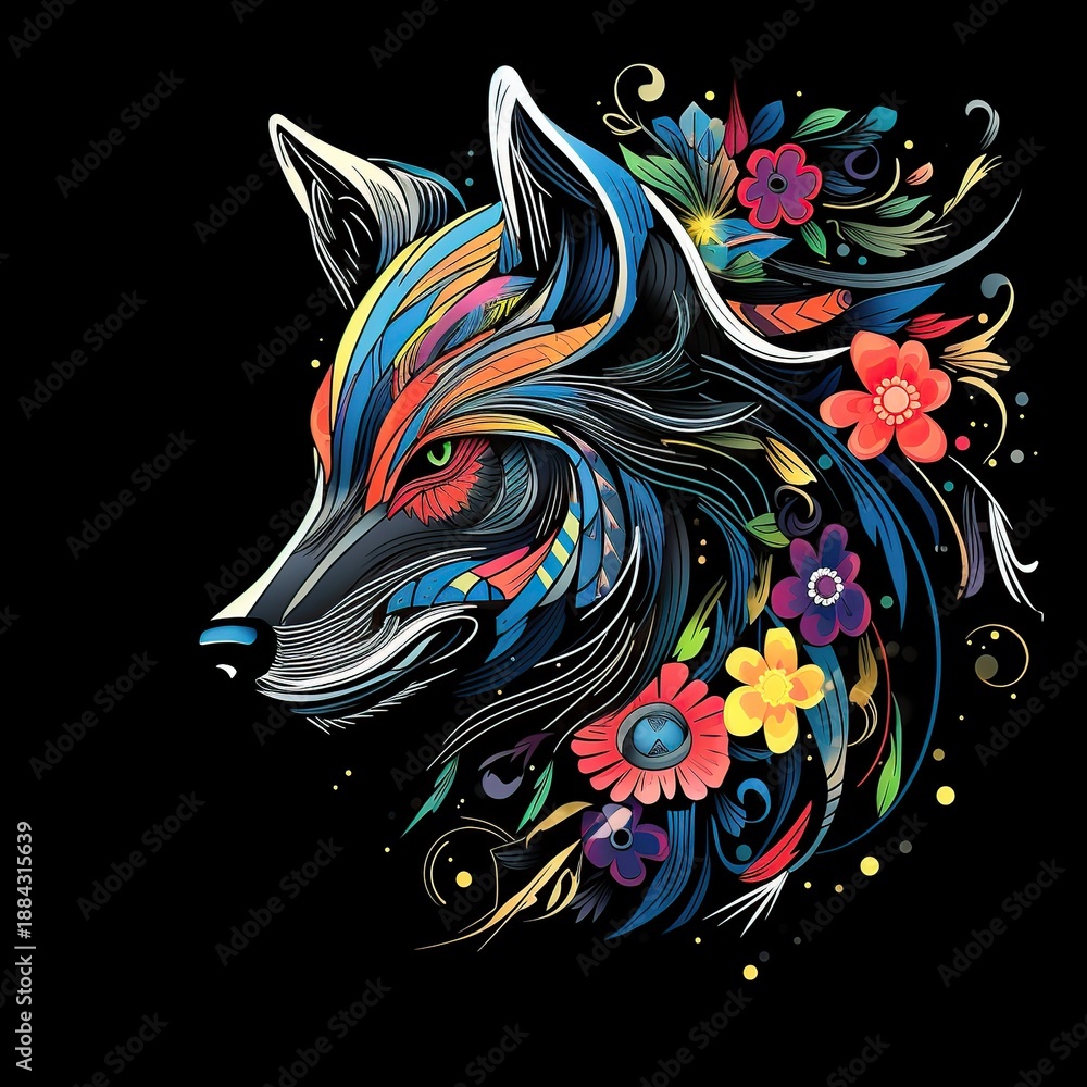 Fototapeta Vibrant Multicolored Floral Fox Head Illustration with Swirling Garden Motifs