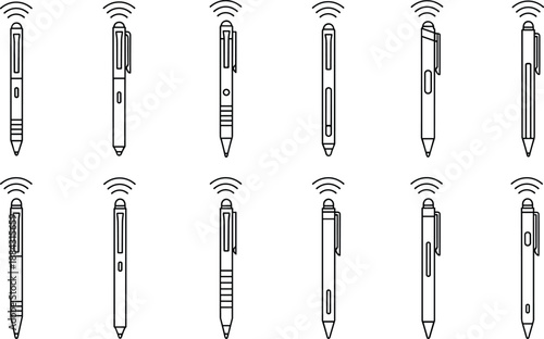 Collection of wireless digital stylus pen silhouettes, smart writing tool icons for technology and tablet devices, minimal outline design, cad drawing flat vector illustration