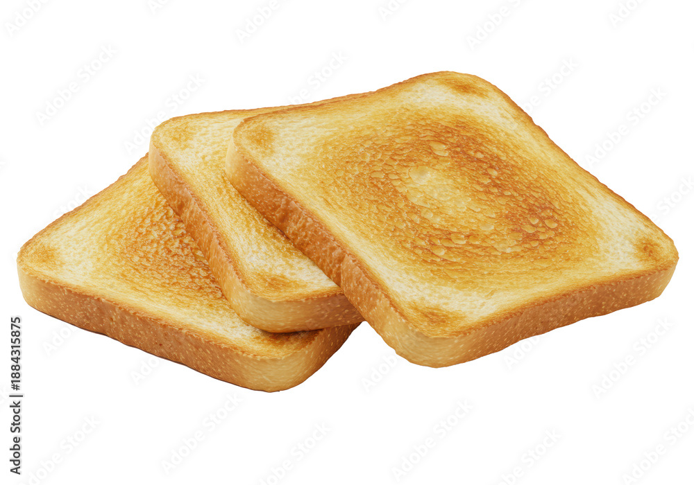 Fototapeta premium Three golden-brown toasted bread slices with crisp texture and light charring, slightly stacked against a clean, bright white background with abundant copy space, appetizing commercial food