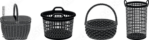 Collection of woven and plastic baskets in black silhouette style for storage organization containers home utility items cad drawing flat vector illustration
