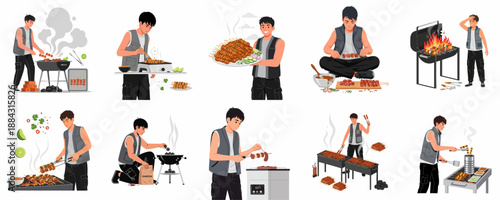 Illustration set showing a man preparing and cooking skewers and grilled food using charcoal and electric barbecue techniques.