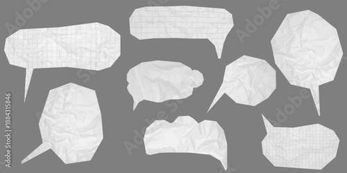 Textured paper speech chat balloons set with wrinkled surface. Crumpled speech bubbles featuring notebook grid, lined patterns for stickers, comic conversation. Dialogue shapes with rugged torn edges