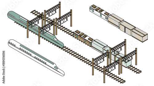 新幹線と貨物列車を組み合わせた鉄道のイラスト素材セット
