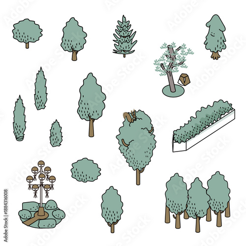 さまざまな種類の木をまとめたシンプルなイラスト素材セット