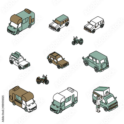 アウトドアや旅行シーンで使える車とバイクのイラスト素材セット