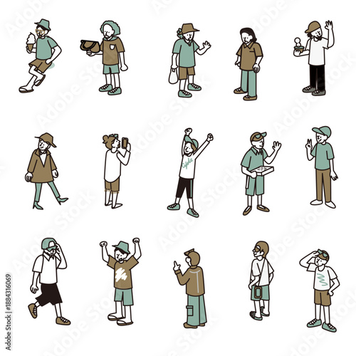 日常やアウトドアシーンで使える男性のみの人物イラスト素材セット