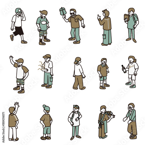 日常やアウトドアシーンで使える多様な人物ポーズのイラスト素材セット