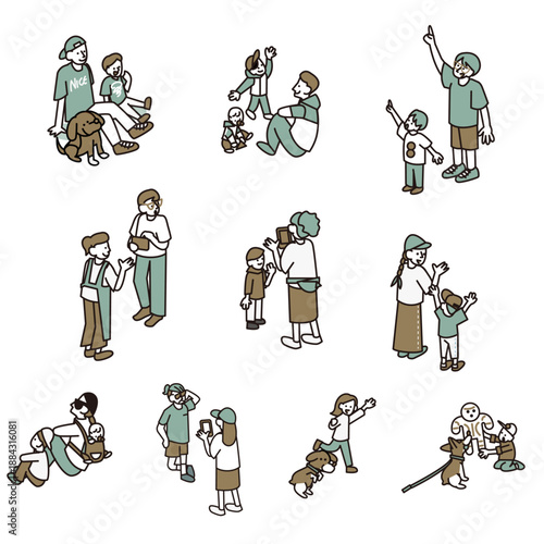 日常生活のさまざまな場面を描いた人物と犬のイラスト素材セット