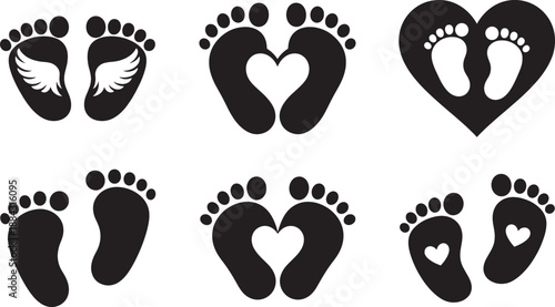 Baby Footprint Heart Silhouette Vector Set