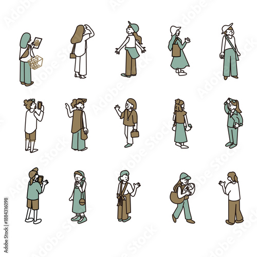 外出や街歩きシーンで使えるさまざまな女性の人物イラスト素材セット