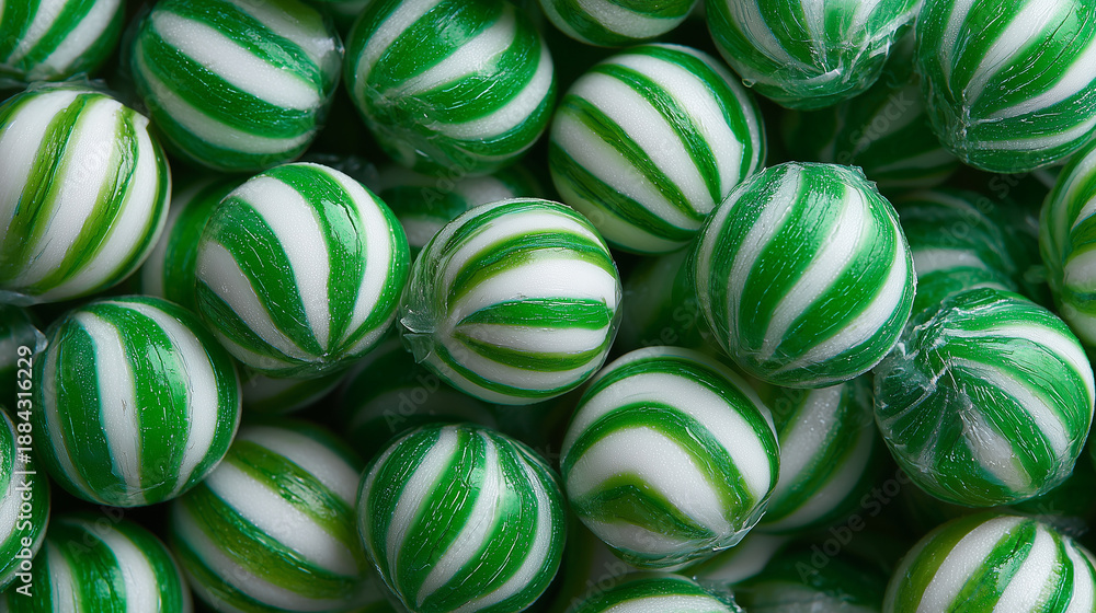 Obraz premium Close-up of green and white striped hard candies piled together in random pattern perfect for sweet packaging, confectionery ads and candy-themed backgrounds
