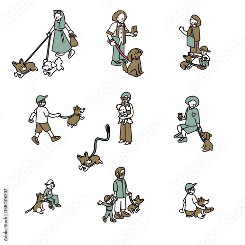 犬と飼い主の散歩やふれあいシーンを集めた人物イラスト素材セット