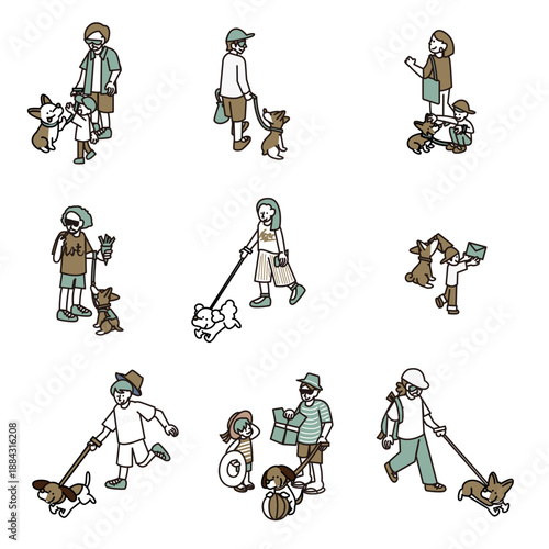 犬と飼い主の日常シーンを描いた人物イラスト素材セット