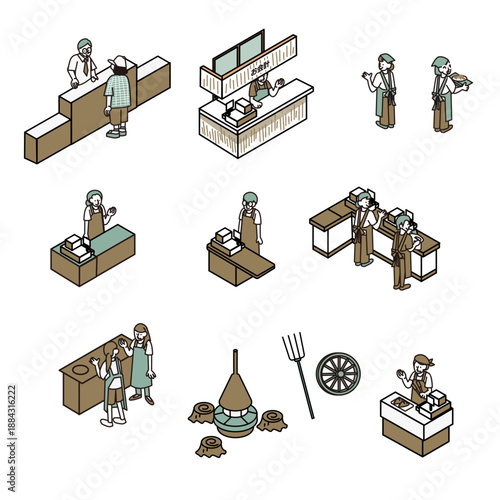 レジやカウンターで接客する店員と客のイラスト素材セット