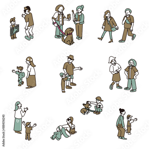 日常生活のさまざまなコミュニケーションシーンを描いた人物イラスト素材セット