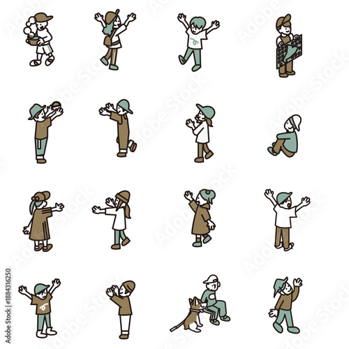 大人と関わる子どもの日常シーンを描いた人物イラスト素材セット