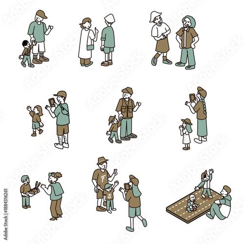 日常生活の中で人々が交流するさまざまなシーンの人物イラスト素材セット