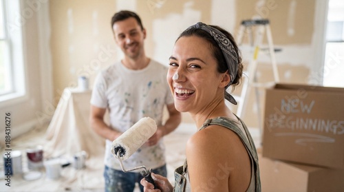 Home renovation smiles diy painting fun cozy living room image of joyful couple indoor bright and inspiring concept