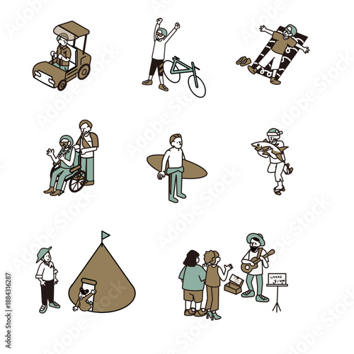 日常やレジャーなどさまざまなシーンを描いた人物イラスト素材セット