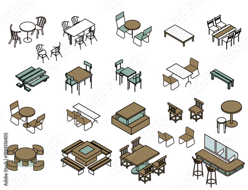 さまざまな種類のテーブルと椅子をまとめたイラスト素材セット