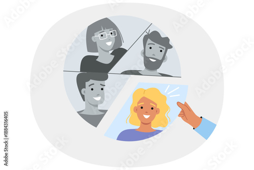 Team building to achieve synergy is done by hand of recruiter collecting diagram of people. Process of team building and selection of ideal candidate to complement corporation personnel