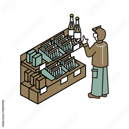 売り場でお酒や食べ物を選ぶ人の買い物シーンイラスト素材