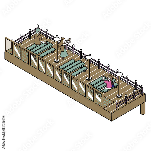 海が見える展望デッキでくつろぐ人々のイラスト素材