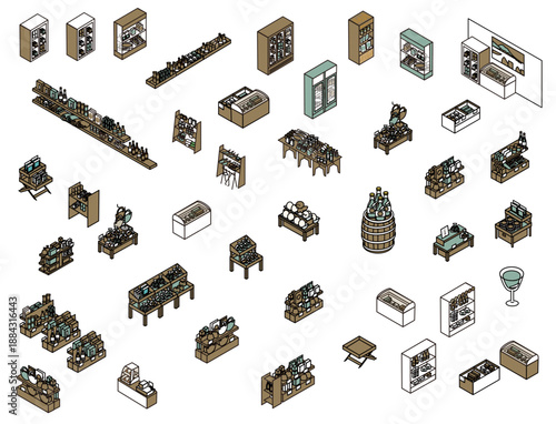 店舗や売り場で使われるさまざまな什器・陳列棚のイラスト素材セット