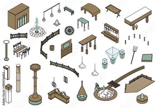 公園や屋外施設で使われる遊具・設備・什器のイラスト素材セット