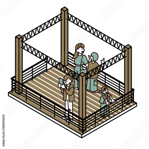 屋外の展望デッキやステージで過ごす人々を描いたイラスト素材