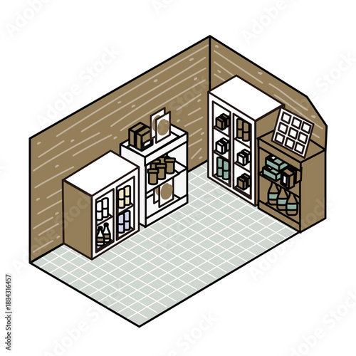 店舗や施設のバックヤードに使われる倉庫・収納スペースのイラスト素材