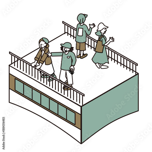 屋上や高台の展望スペースで景色を楽しむ人々のイラスト素材