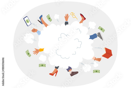 Fight of business people fighting for vacant position, and sticking arms and legs out of dusty block. Clerks fighting over potential client or office employees choosing best workplace