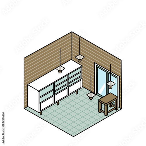 店舗や施設の室内レイアウトを俯瞰で描いたアイソメトリックイラスト素材