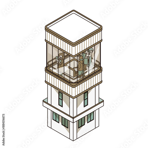 観光施設の展望塔や展望室で景色を楽しむ人々のイラスト素材