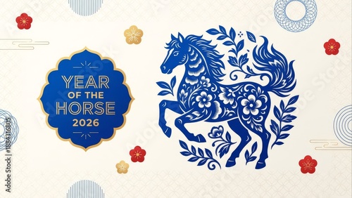 Elegant graphic illustration celebrating the Year of the Horse 2026 with traditional Asian patterns and symbolic animal art
