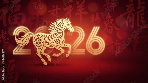 Elegant graphic illustration celebrating the Year of the Horse 2026 with traditional Asian patterns and symbolic animal art