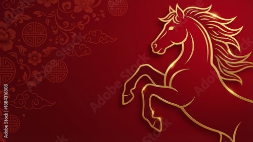 Elegant graphic illustration celebrating the Year of the Horse 2026 with traditional Asian patterns and symbolic animal art