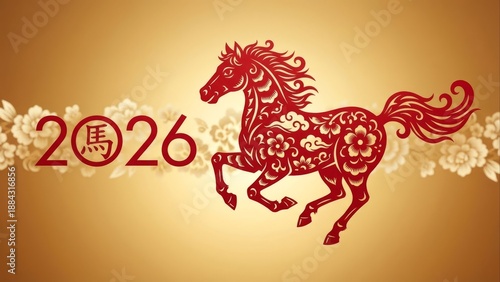 Elegant graphic illustration celebrating the Year of the Horse 2026 with traditional Asian patterns and symbolic animal art