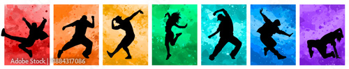 Dancing vector illustration. Silhouettes of dancing people on a watercolor background.