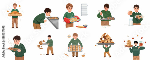 Collection of illustrations showing a young boy baking, preparing, decorating, and enjoying fresh homemade cookies and sweet desserts.