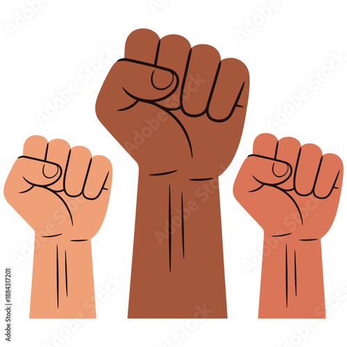 Three raised fists symbolize solidarity, power, and unity across different skin tones.