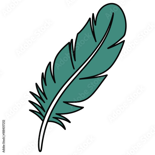 A single green feather floats gently against a white background.